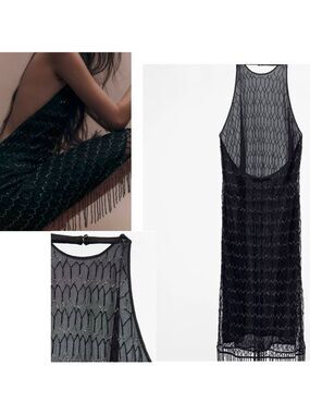 Zara Festive days limited collection black silver beaded fringe midi dress L NWT